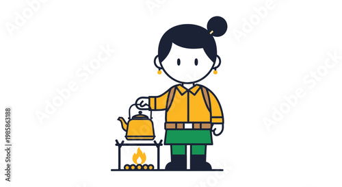 Girl Hiker Boiling Water in Kettle on Campfire Illustration