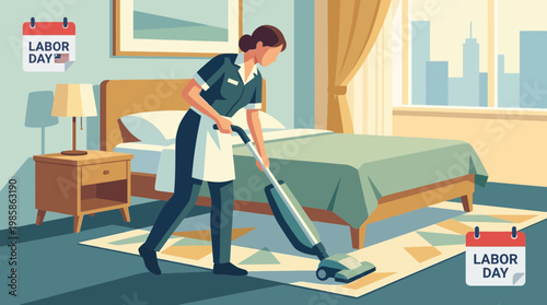 Maid Cleaning Hotel Room Vector Illustration for Labor Day