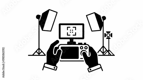 Hands holding digital camera with studio softbox lighting icon