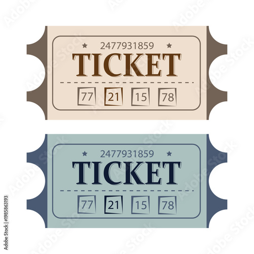 Retro ticket vector set in vintage flat style lottery or raffle admission coupons with numbers and stars isolated on white background