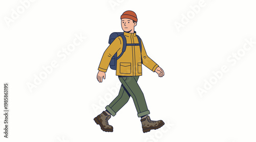 Male Hiker with Backpack Walking Isolated on White Illustration