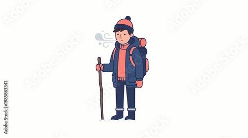 Male Hiker with Backpack and Walking Stick in Cold Weather