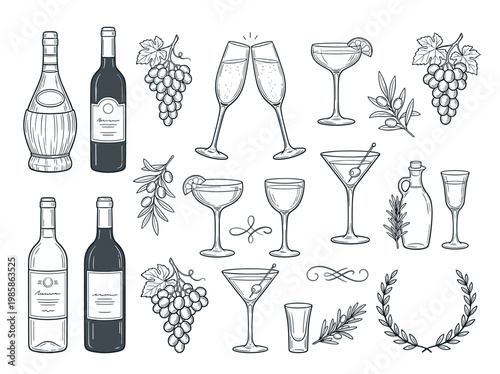 Hand-drawn wedding illustration set featuring Italian dinner elements, wine, and champagne for elegant events