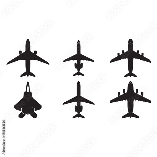 Set of Commercial and Military Airplane Silhouettes Top View