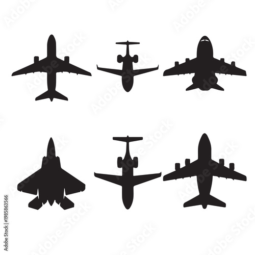 Set of Airplane Silhouettes, Commercial Airliner and Fighter Jet Icons