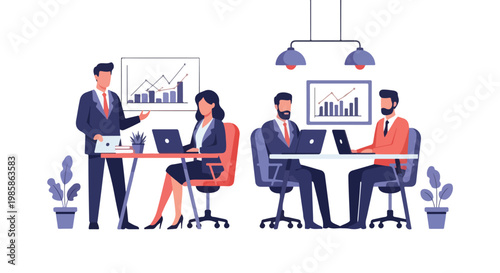 Professional office workers collaborate in a modern workspace, featuring presentations, data analysis, and focused tasks at their desks.