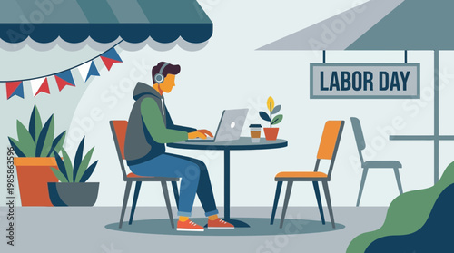 Man working on laptop at outdoor cafe on Labor Day illustration