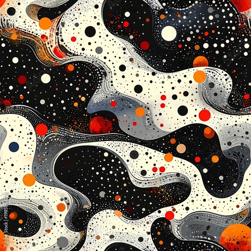 A seamless abstract pattern with flowing shapes. Dark and light areas mix with dots in varying sizes and colors