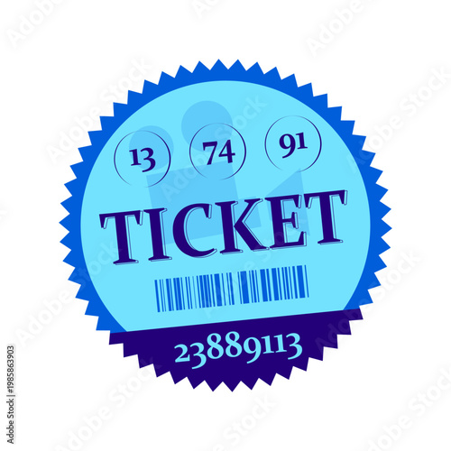 Blue vector ticket sticker in flat style, cinema or event admission coupon with barcode and serial numbers isolated on white background
