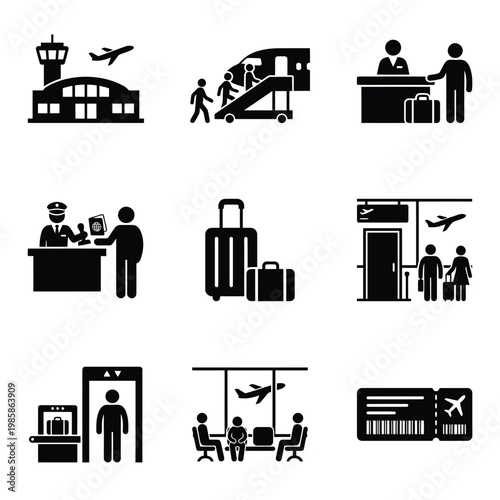 Airport and Air Travel Icon Set for Passenger Journey