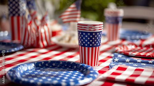 Fourth of July party table setting with patriotic American flag themed paper cups, plates, and napkins on a checkered tablecloth for a summer barbecue celebration.