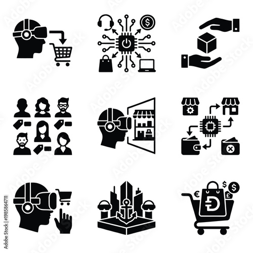 Metaverse Shopping and Virtual Reality Ecommerce Glyph Icon Set