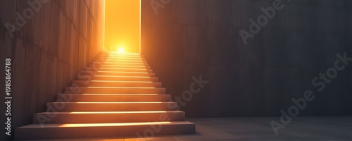 a glowing staircase leading upward into light, soft cinematic lighting and shadow depth, inspirational concept with copy space, variations include sunrise, dark mode, soft glow