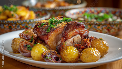 Traditional Spanish cochinillo asado with crispy golden skin served alongside roasted baby potatoes on a white plate, a classic Segovian roast pork dish