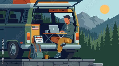 Man Working on Laptop in Camper Van During Labor Day Weekend