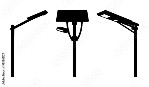 Solar street light icon set with solid black icon, white background featuring solar powered, street lighting, urban night with energy and sustainability