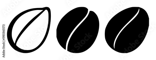 Fair trade coffee bean icon set with solid black silhouette on white background featuring icon, coffee bean, fair trade symbol with minimal line art and flat color