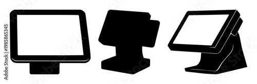Point of sale terminal set with solid black icon on white background featuring icon, POS, terminal with black graphic and white background