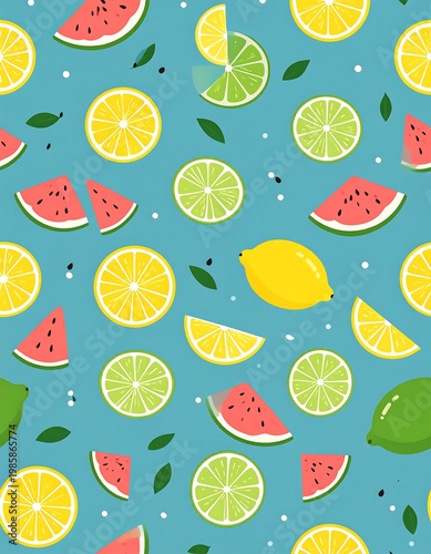 A seamless illustration depicts fresh fruit in shades of yellow, green, and red, scattered on a turquoise backdrop. Leaves and dots accompany