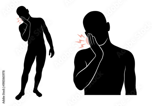 Silhouette illustration of a man suffering from severe toothache and intense jaw pain, depicting discomfort and oral health issues