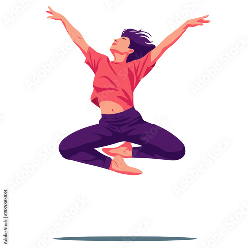 A young Asian woman leaps joyfully in mid-air, expressing freedom and exhilaration. Vibrant colors and dynamic pose create a visually striking image.