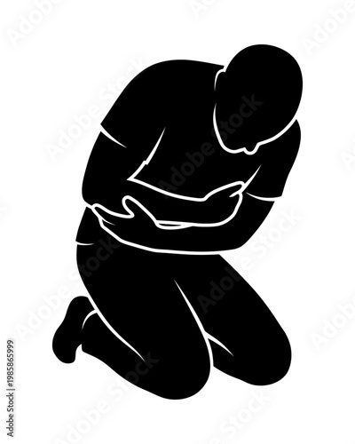 Black silhouette of a person kneeling in agony, clutching stomach due to intense abdominal pain and severe cramps