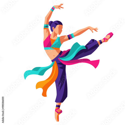 A dynamic dancer performs a fusion dance, showcasing vibrant colors and flowing fabrics. Bold, artistic illustration style. Perfect for movement, passion, and cultural themes.