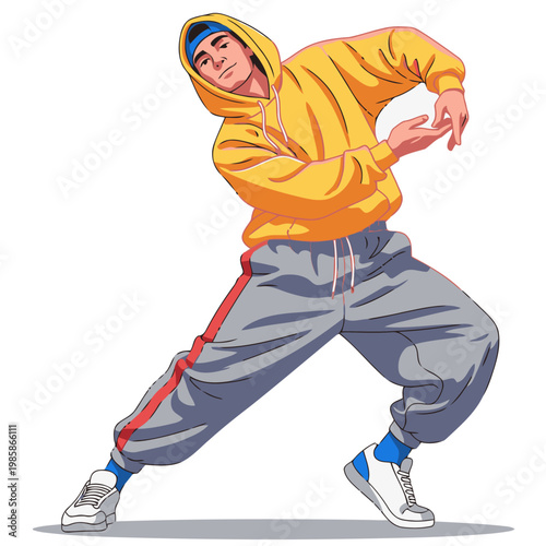 A dynamic hip-hop dancer balances in a vibrant yellow hoodie and pants. Bold pose, energetic movement, modern illustration style. Perfect for fitness, dance, or lifestyle content.
