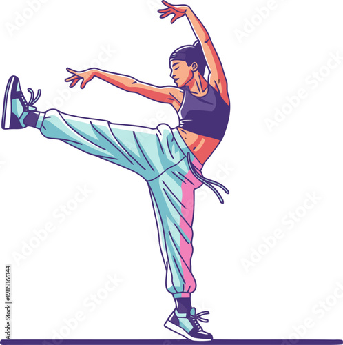 A dynamic dancer performs a pirouette in a street dance blend, showcasing vibrant colors and athletic movement. Bold, modern illustration.