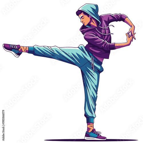 A dynamic street dancer performs a fluid pose in a vibrant urban setting. Bold colors and a modern style create a captivating visual.