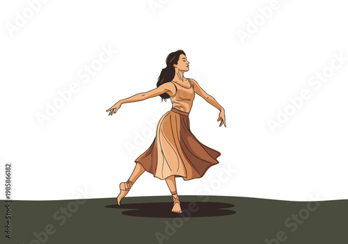 A graceful woman dances barefoot in a warm, earthy setting. Her flowing dress and elegant pose evoke connection and movement. Ideal for lifestyle and wellness themes.