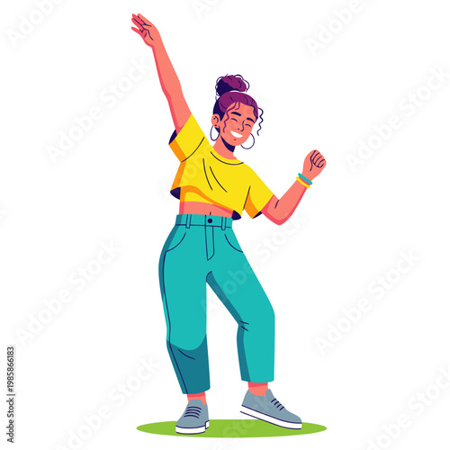 Happy young woman dances, celebrating TikTok success. Vibrant colors, energetic pose, perfect for social media content. Modern style, joyful expression.