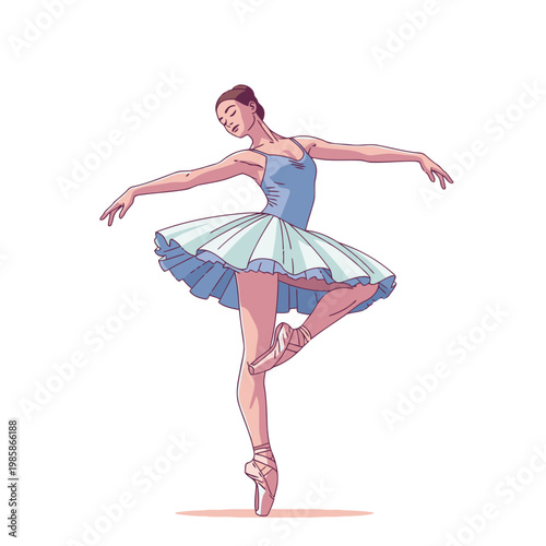 A graceful ballerina in a blue tutu performs a ballet pose. Soft pastel colors and a simple background create a visually appealing and elegant image.