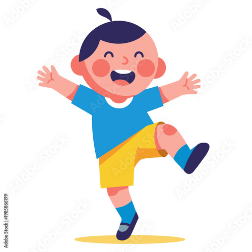 A joyful young boy dances with arms outstretched, radiating pure happiness. Bright colors and a playful illustration style create a cheerful and inviting image.