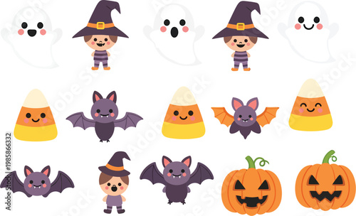A collection of adorable Halloween characters, including ghosts, witches, candy corn, and bats, are arranged on a white background.