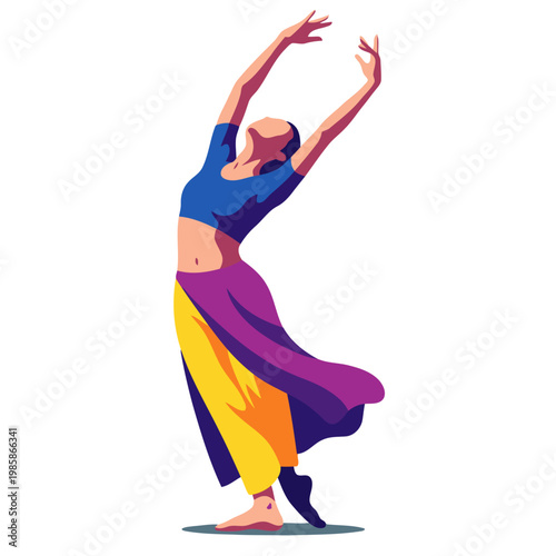 A vibrant illustration depicts a woman dancing with arms raised, symbolizing freedom and joy. Bold colors and dynamic lines create a captivating, modern design.