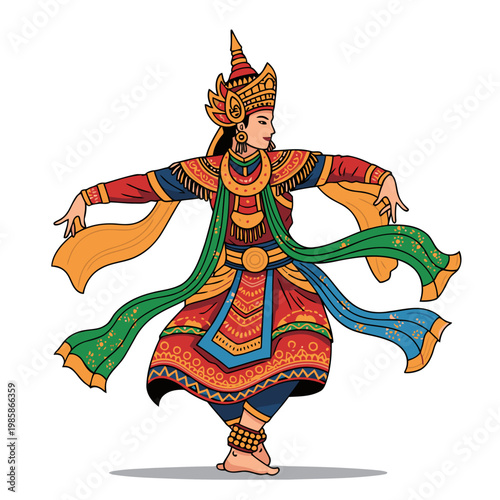 A vibrant illustration depicts a traditional dancer in ornate attire, showcasing cultural heritage. Bold colors and dynamic movement create a striking visual.