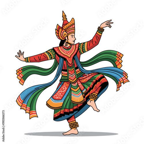 A vibrant illustration depicts a traditional Thai dancer in flowing attire, celebrating heritage pride. Bold colors and dynamic pose create a captivating visual.