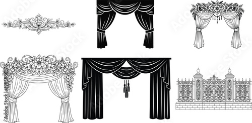 Vintage theater curtains and ornate architectural elements, set of 6 vector illustrations, baroque stage drapery and decorative iron fence icons