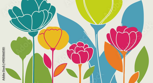 Colorful illustration of blooming tulips and flowers.