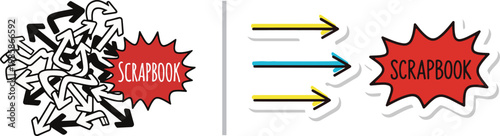 Vector illustration comparing chaotic arrows to organized direction for scrapbook concept