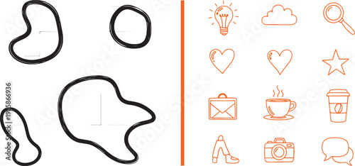 Set of hand drawn organic shapes and orange outline icons for creative design