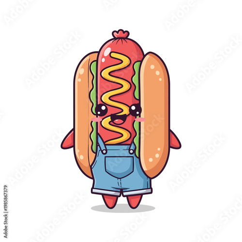 Cartoon Hot Dog Character Wearing Overalls.