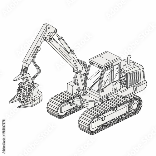 Logging Excavator with Grapple Attachment Line Art Illustration.