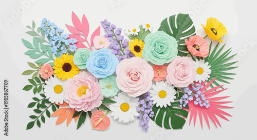 Colorful paper cutout floral arrangement with various flowers.