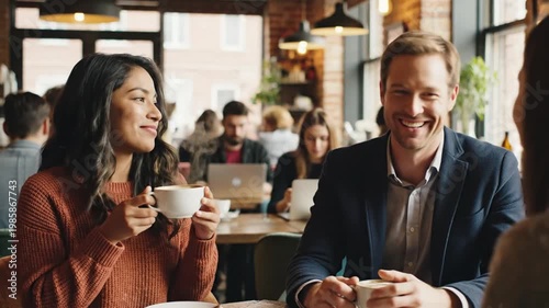 Diverse couple talking over coffee in a modern cafe