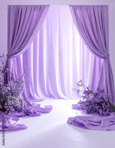 Monochromatic Lavender Stage with Draped Curtains and Floral Accents Still Life