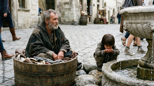 Old Beggar in Wooden Tub Beside Child Drinking from Public Fountain