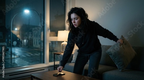 Distressed Woman Preparing to Hit Smartphone on Table at Night