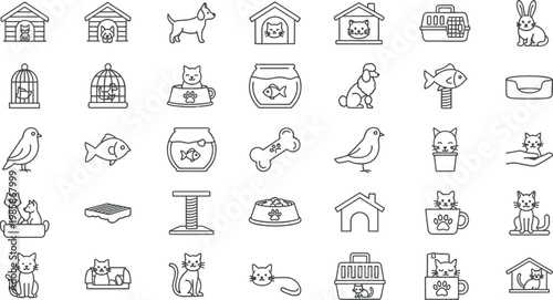Pet Care Icon Set with Cats, Dogs, Birds, Fish, Rabbit, and Accessories for Veterinary, Pet Shop, and Animal Care Designs